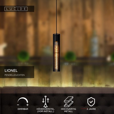Lucide LIONEL - Pendelleuchten - Ø 6,5 cm - 1xE27 - Schwarz